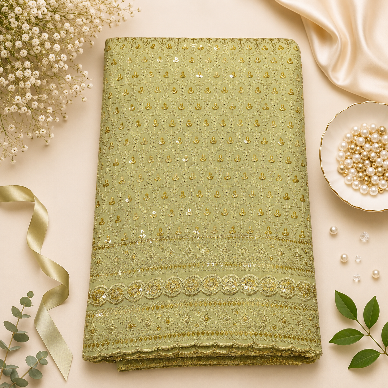 Buy Golden Rayon Sequence Chikankari Fabric