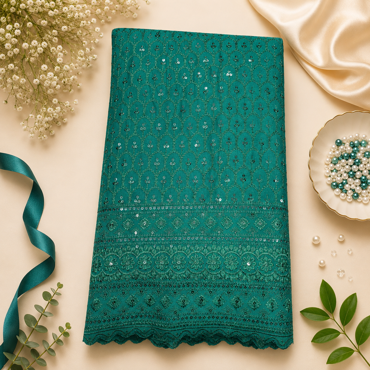 Buy Bottle Green Rayon Sequence Chikankari Fabric