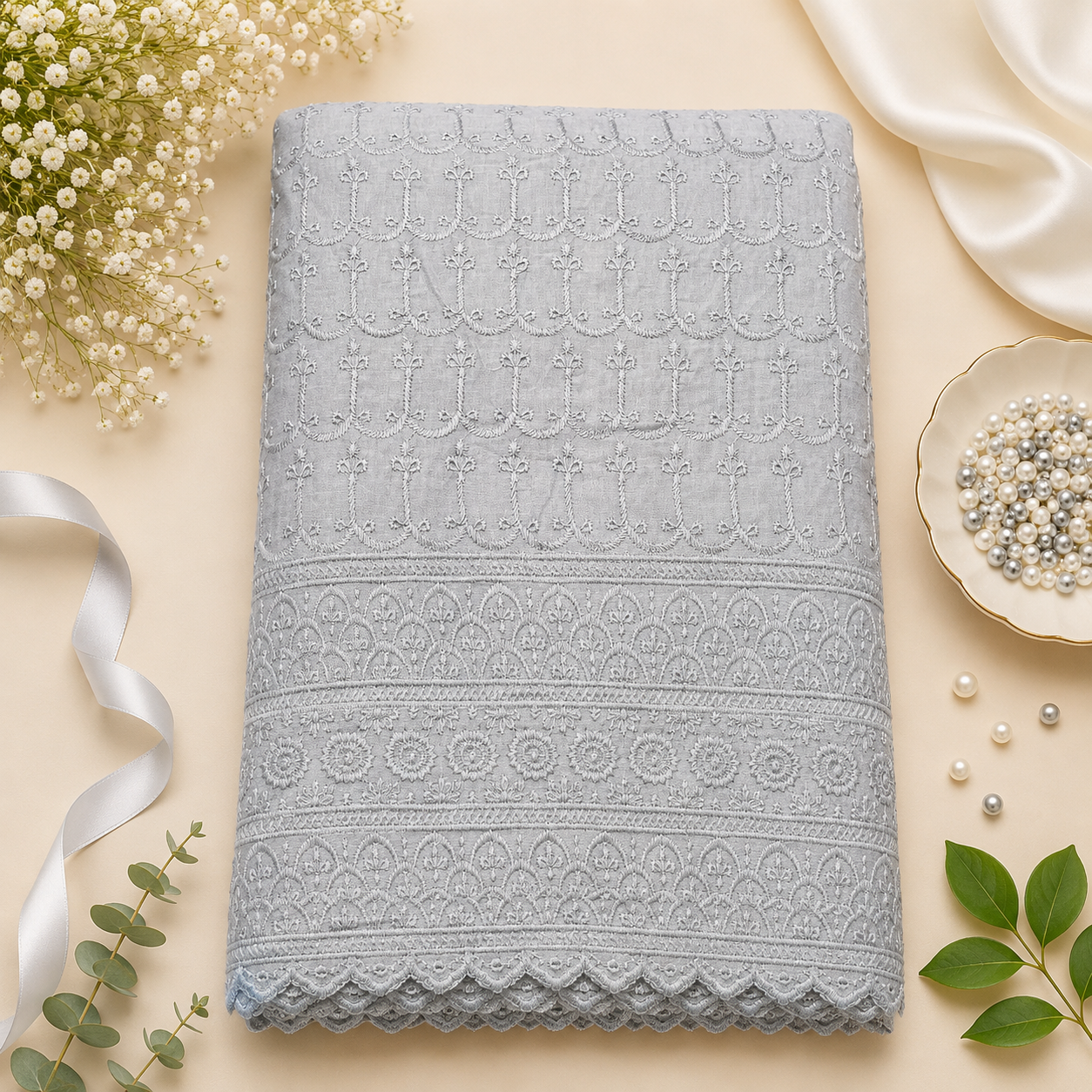 Buy Grey Color Cotton Chikankari Fabric