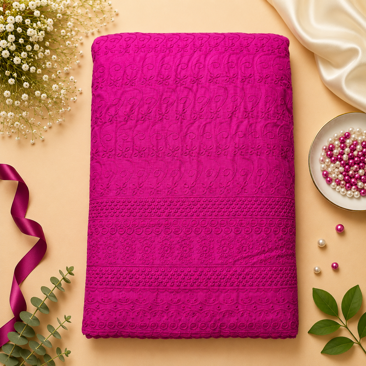Buy Rani Color Cotton Chikankari Fabric