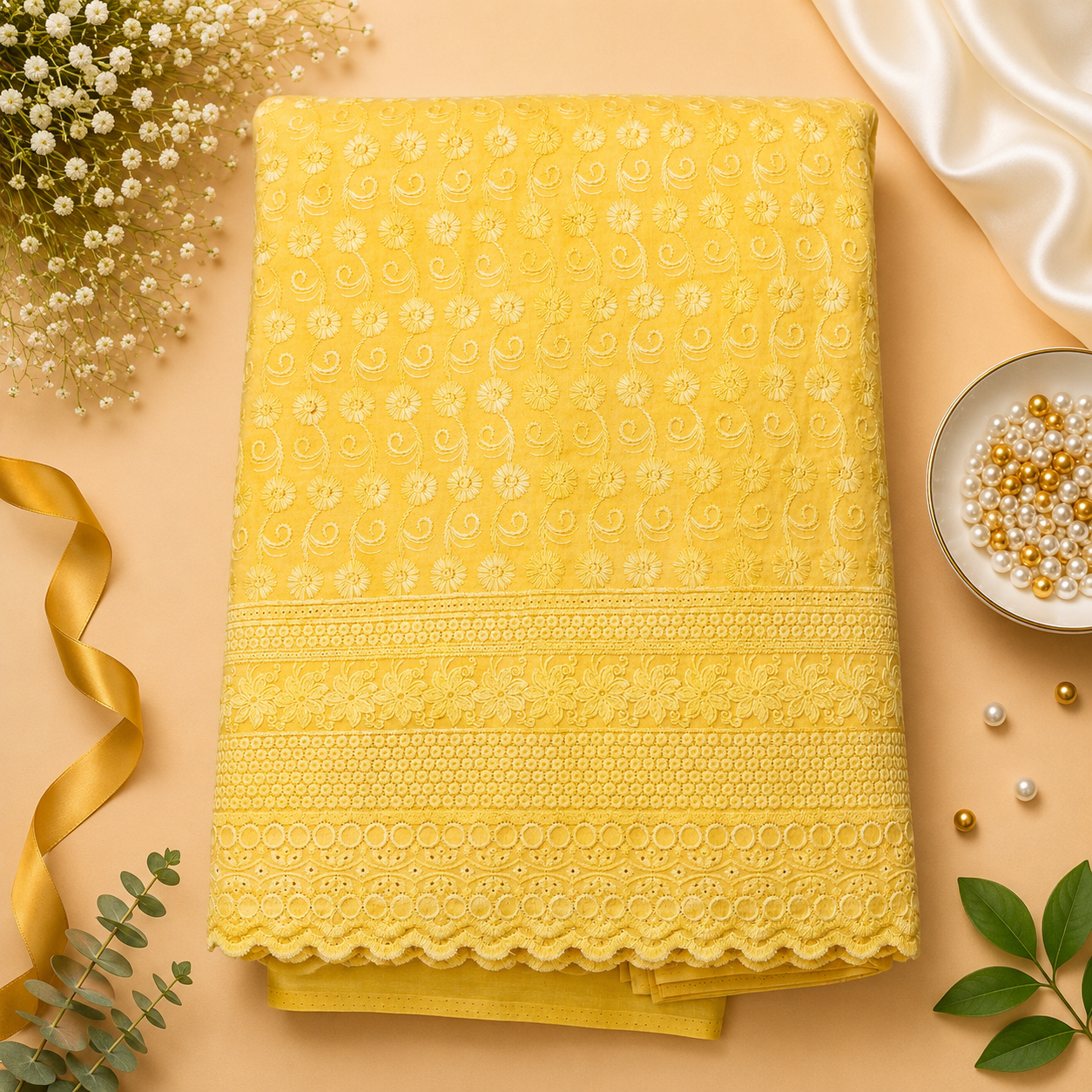 Buy Yellow Color Cotton Chikankari Fabric
