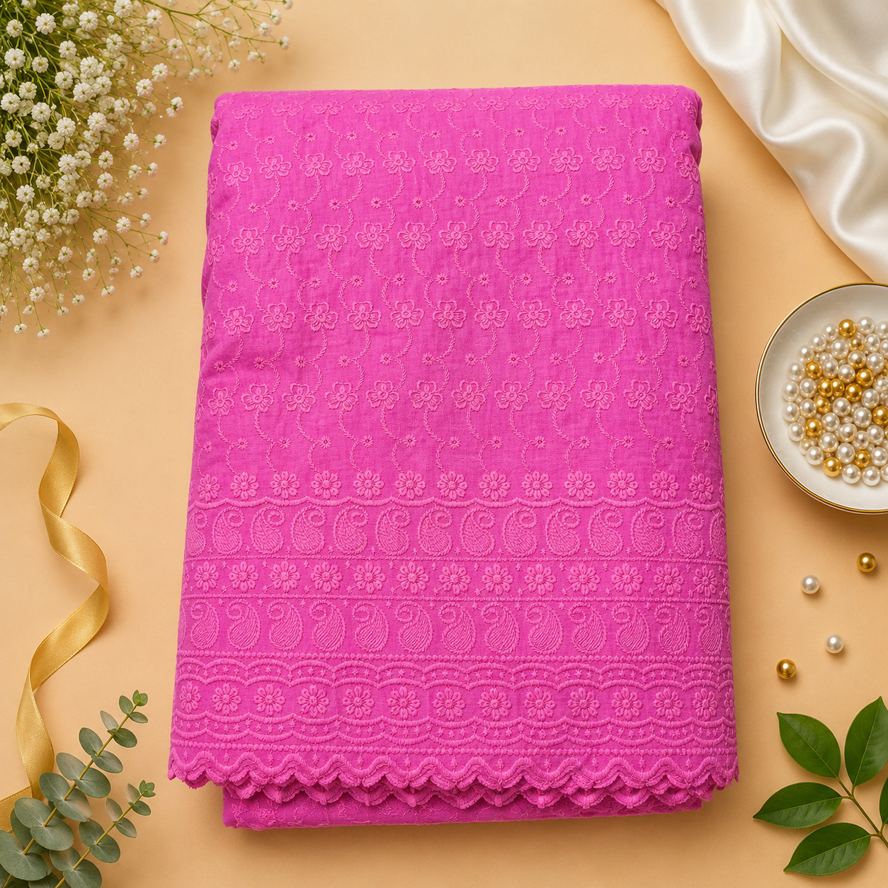 Buy Pink Color Cotton Chikankari Fabric