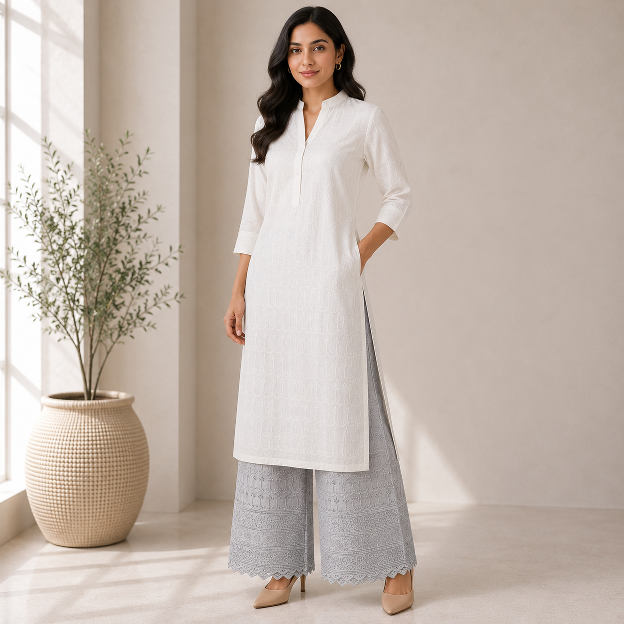 Buy Grey Color Cotton Chikankari Fabric