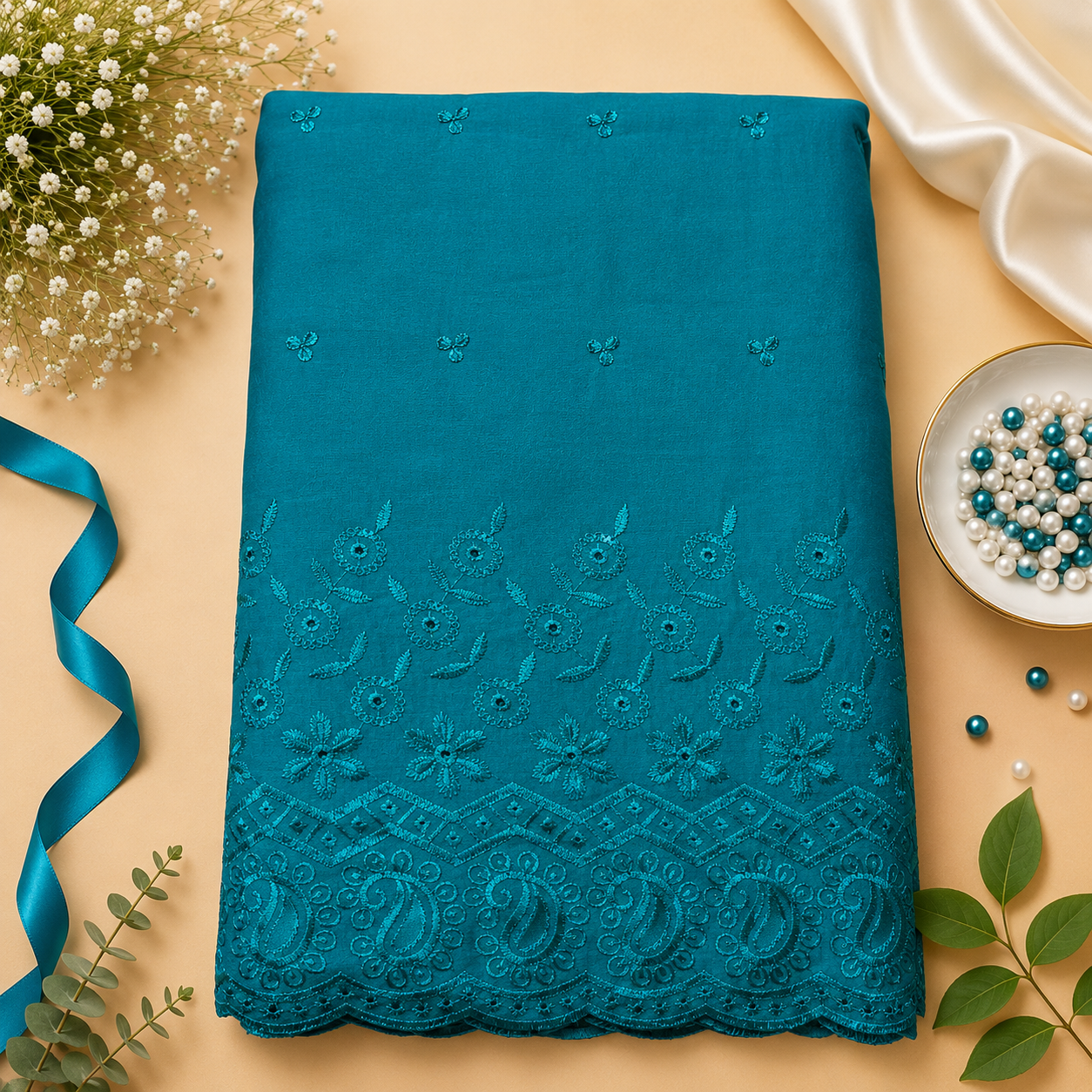 Buy Rama Green Rayon Plazo Border Chikankari Fabric