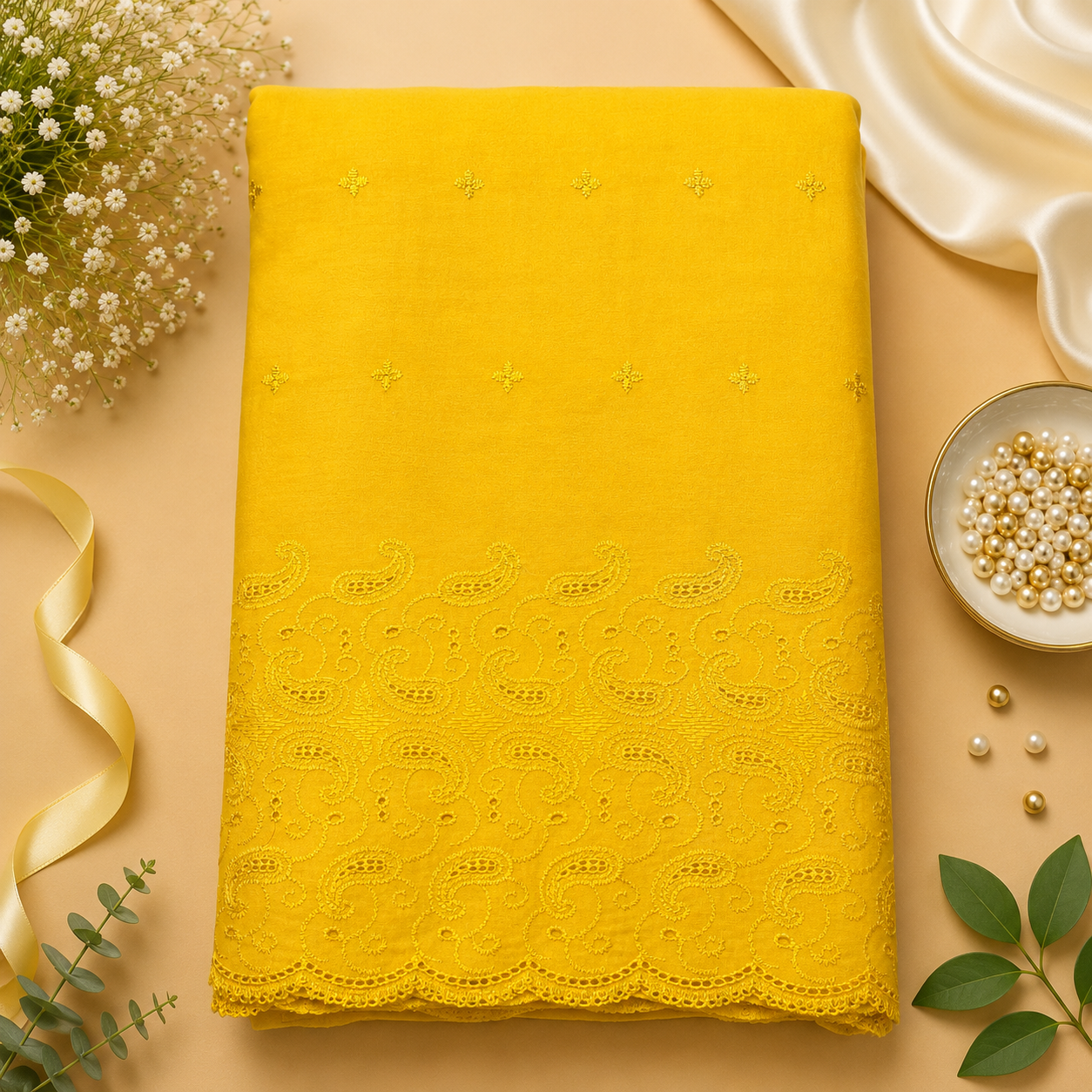 Buy Yellow Rayon Plazo Border Chikankari Fabric