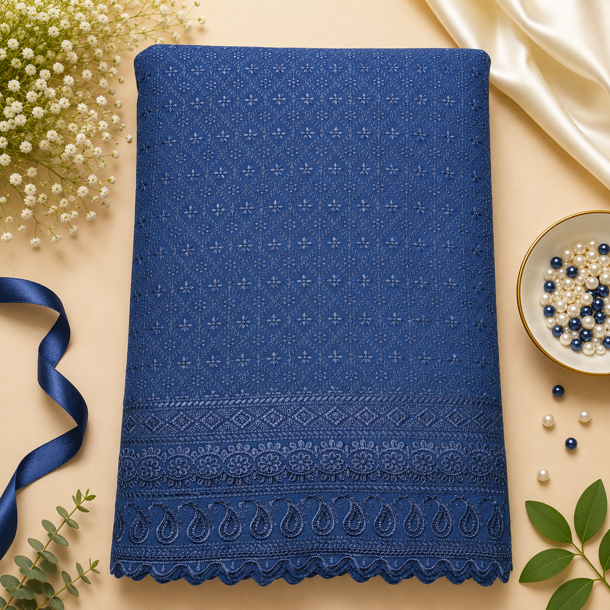 Buy Navy Blue Rayon Embroidery Fabric