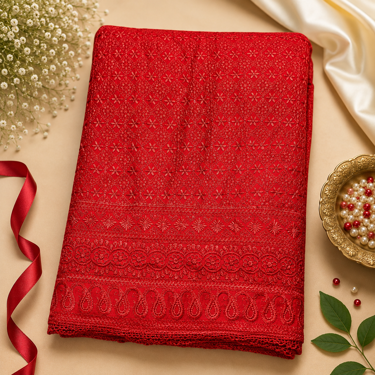 Buy Red Rayon Embroidery Fabric