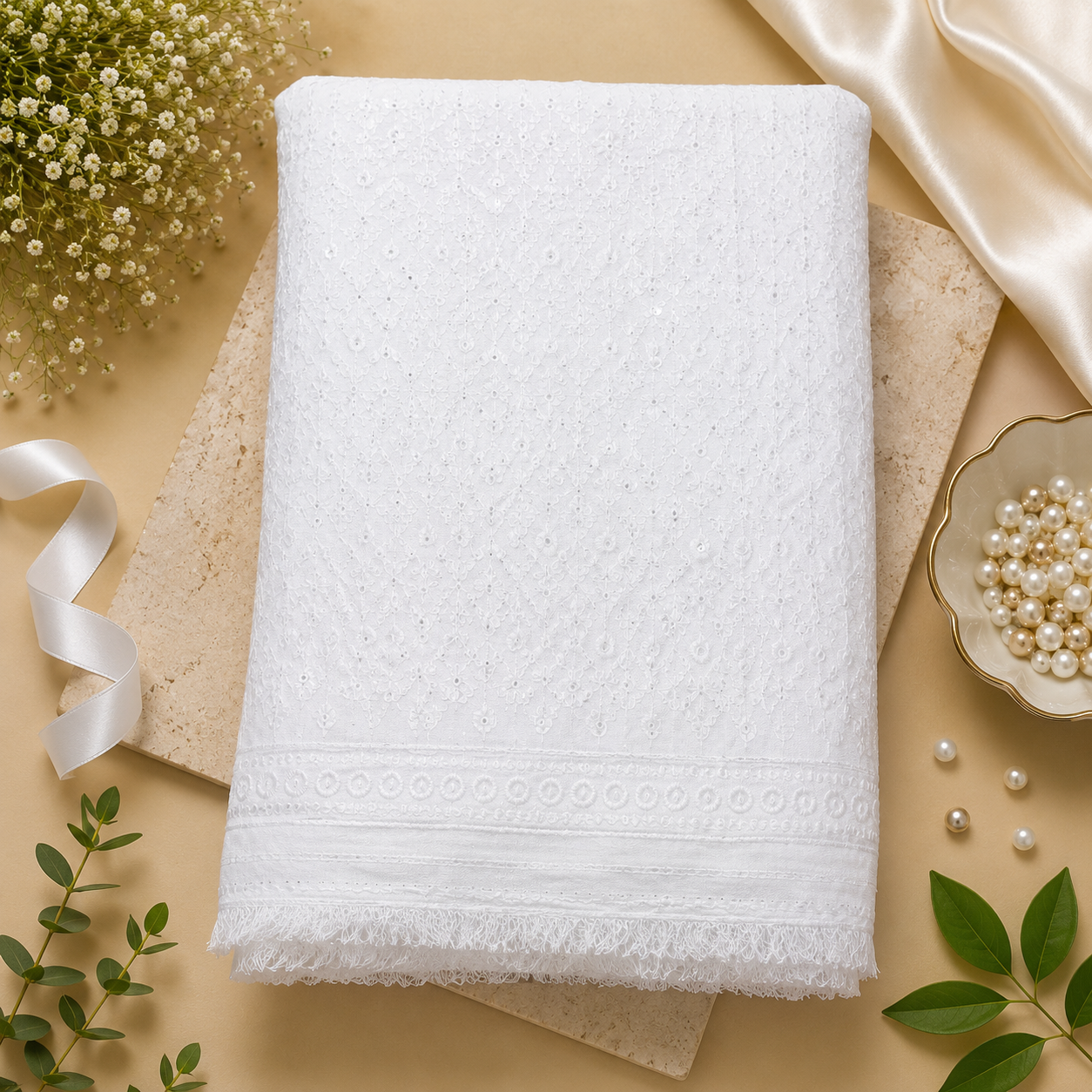 Buy White Rayon Big Width Sequence Chikankari Fabric
