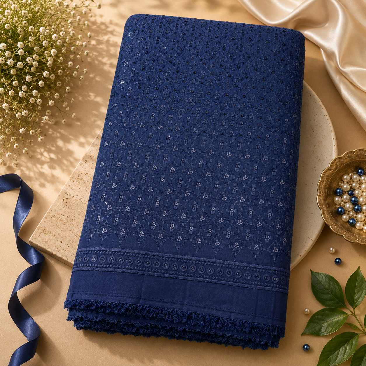 Buy Navy Blue Rayon Big Width Sequence Chikankari Fabric