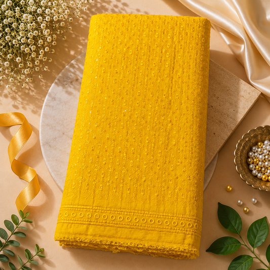 Buy Yellow Rayon Big Width Sequence Chikankari Fabric