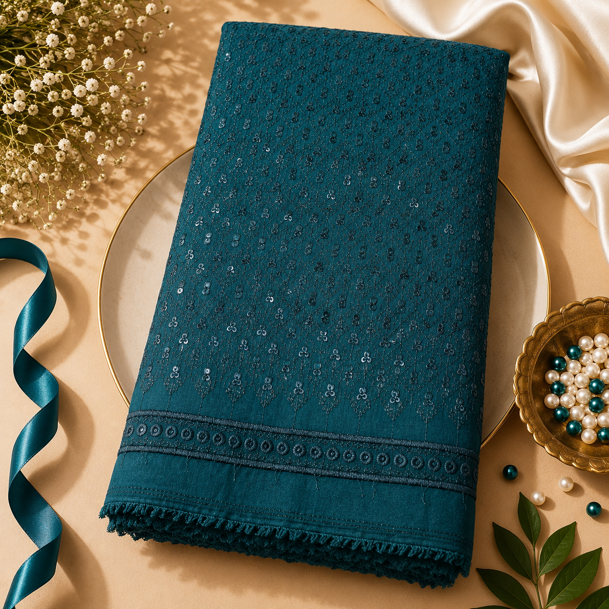 Buy Bottle Green Rayon Big Width Sequence Chikankari Fabric