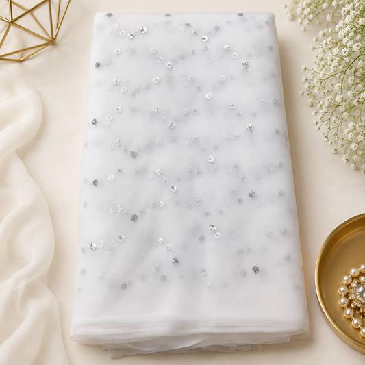 Buy White Silver Butti Net Fabric