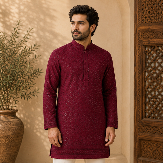 Buy Mehroon Rayon Big Width Sequence Chikankari Fabric