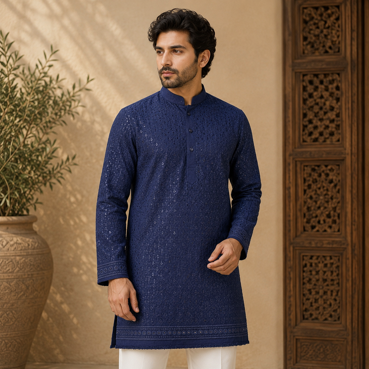 Buy Navy Blue Rayon Big Width Sequence Chikankari Fabric