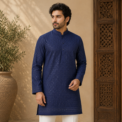 Buy Navy Blue Rayon Big Width Sequence Chikankari Fabric
