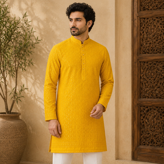 Buy Yellow Rayon Big Width Sequence Chikankari Fabric