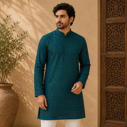 Buy Bottle Green Rayon Big Width Sequence Chikankari Fabric