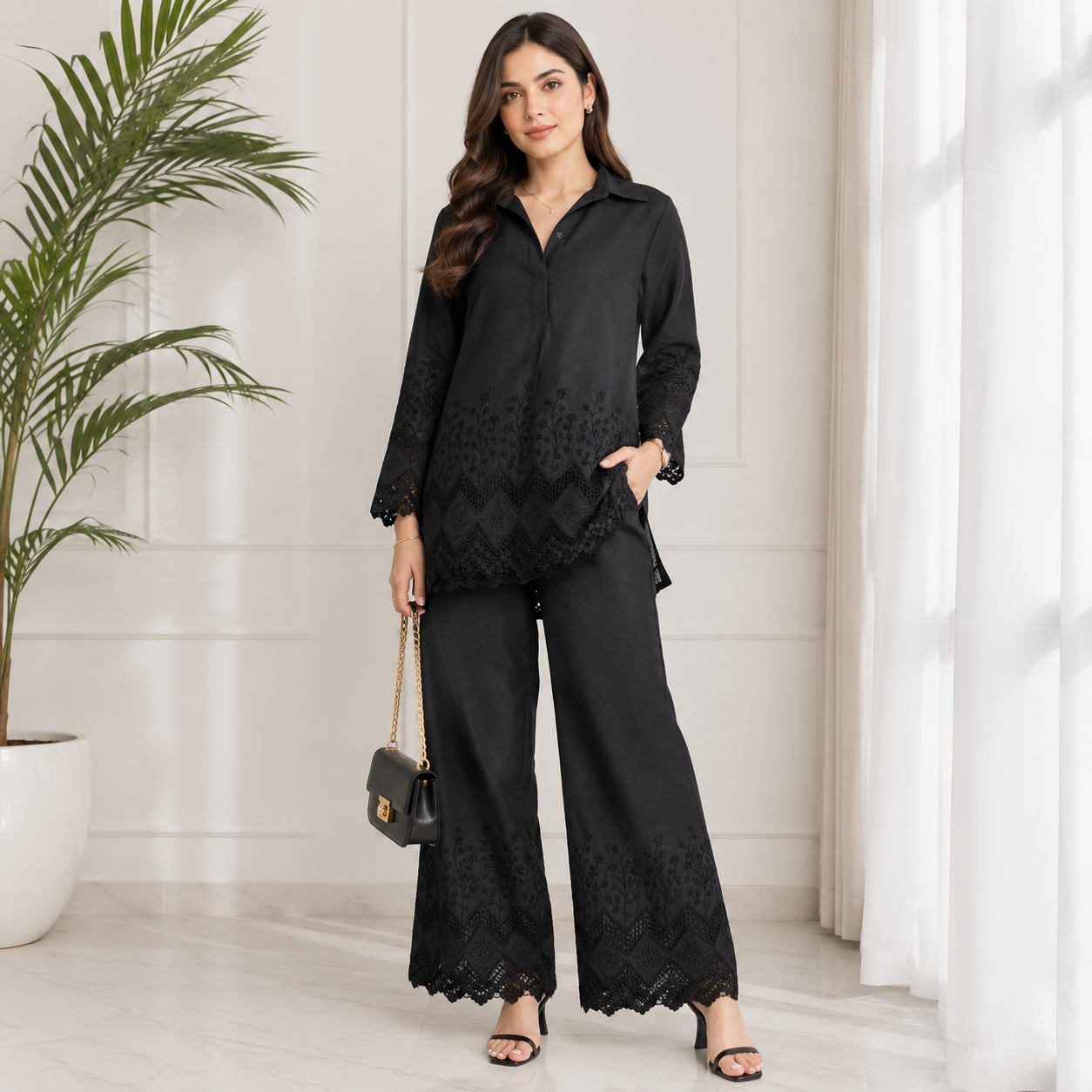Buy Black Color Apliq Plazo Chikankari Fabric