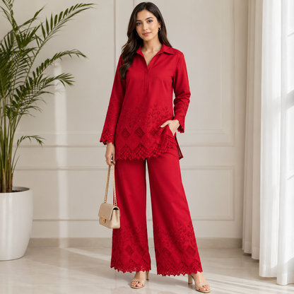 Buy Red Color Apliq Plazo Chikankari Fabric