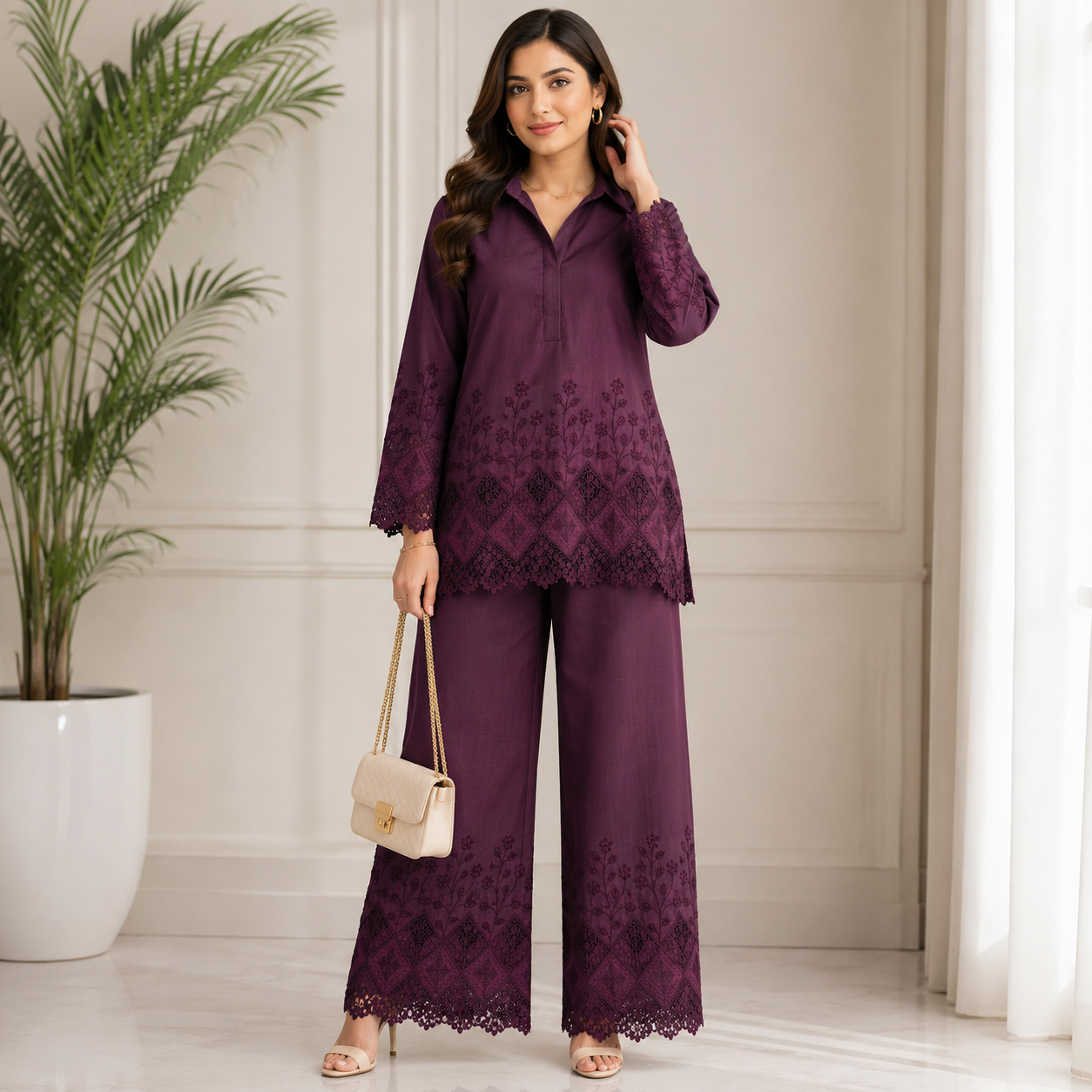 Buy Wine Color Apliq Plazo Chikankari Fabric