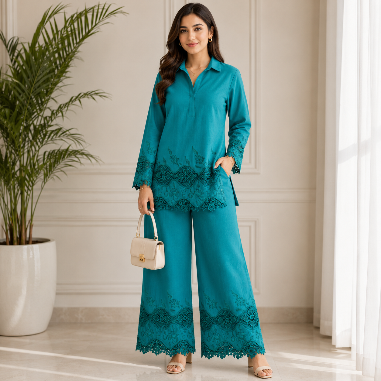 Buy Rama Green Color Apliq Plazo Chikankari Fabric