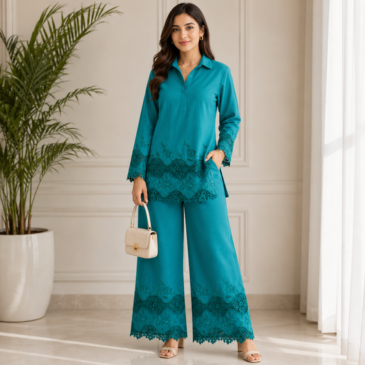 Buy Rama Green Color Apliq Plazo Chikankari Fabric