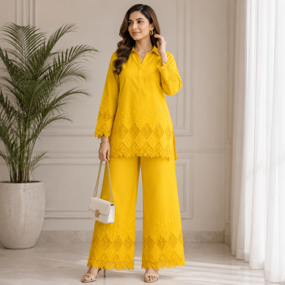 Buy Yellow Color Apliq Plazo Chikankari Fabric