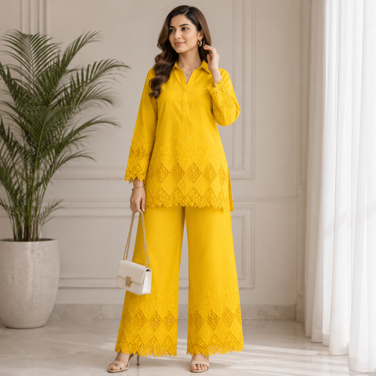 Buy Yellow Color Apliq Plazo Chikankari Fabric
