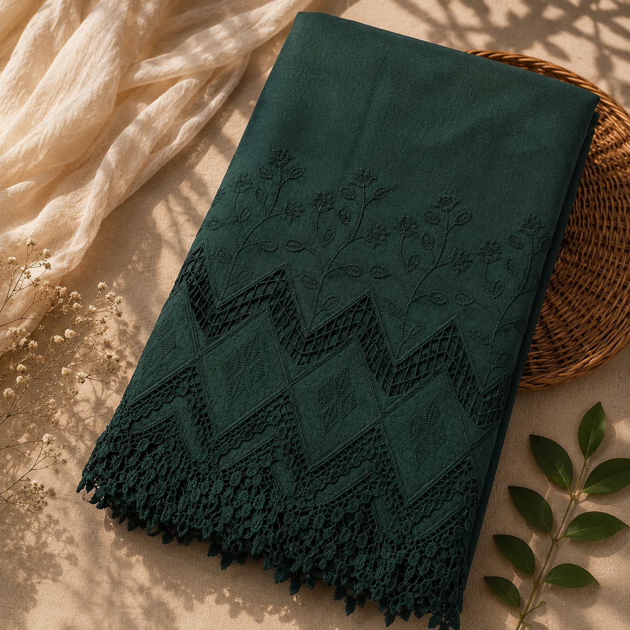 Buy Combo Bottle Green Apliq Chikankari with Kora Cotton Dolna Plazo Fabric
