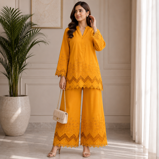 Buy Mustard Color Apliq Plazo Chikankari Fabric