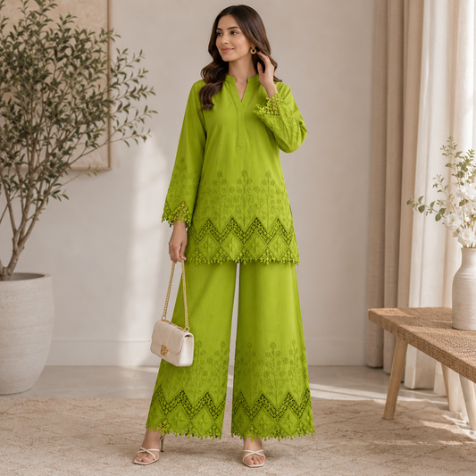 Buy Pista Green Color Apliq Plazo Chikankari Fabric