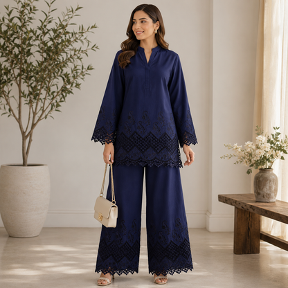 Buy Navy Blue Color Apliq Plazo Chikankari Fabric