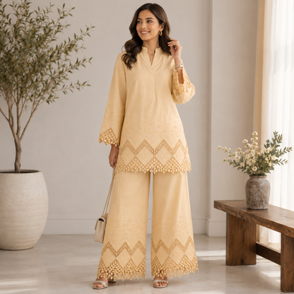 Buy Chiku Color Apliq Plazo Chikankari Fabric