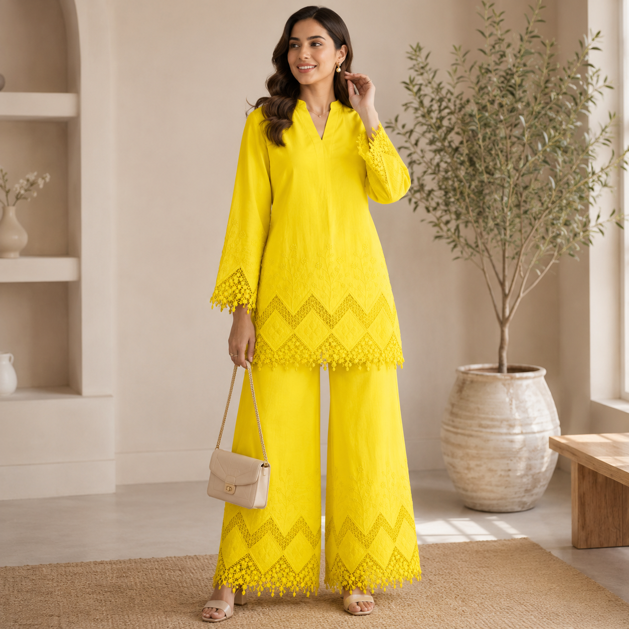 Buy Lemon Yellow Color Apliq Plazo Chikankari Fabric