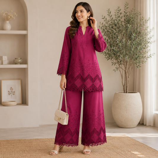 Buy Mehroon Color Apliq Plazo Chikankari Fabric