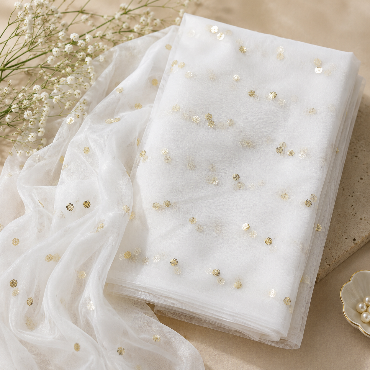 Buy White Golden Butti Net Fabric