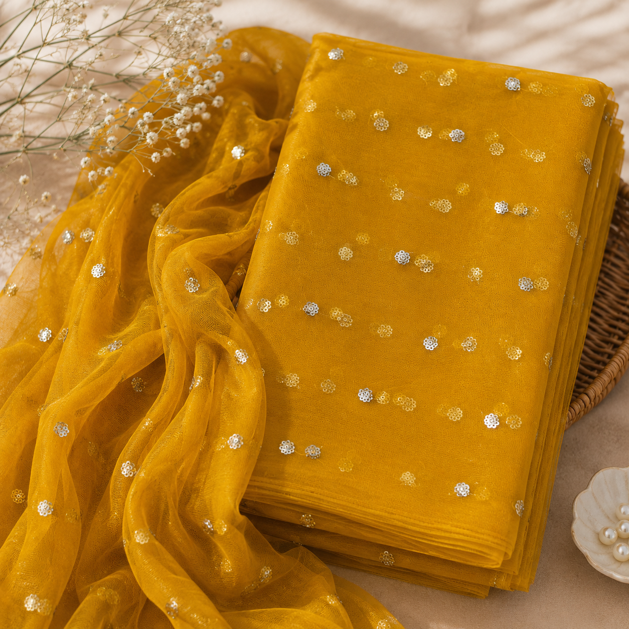 Buy Mustard Butti Net Fabric