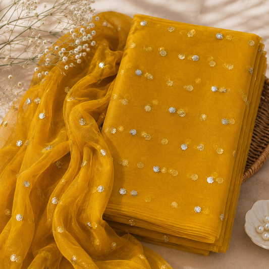 Buy Mustard Butti Net Fabric