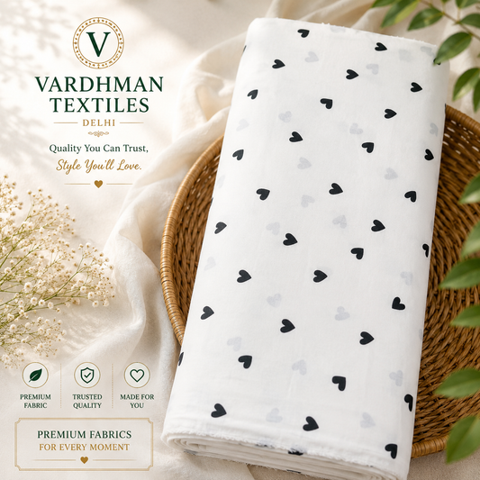 Buy Black Color Rayon Heart Printed Fabric