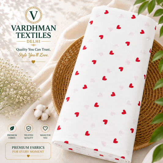 Buy Red Color Rayon Heart Printed Fabric