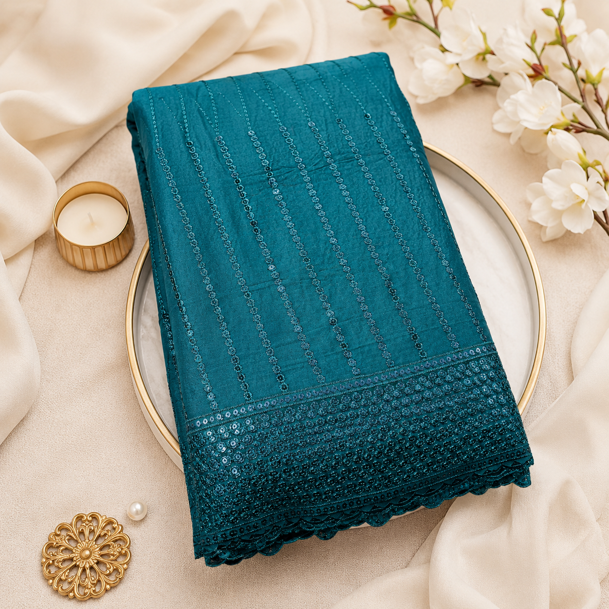 Buy Bottle Green Rayon Sequence Embroidery Fabric
