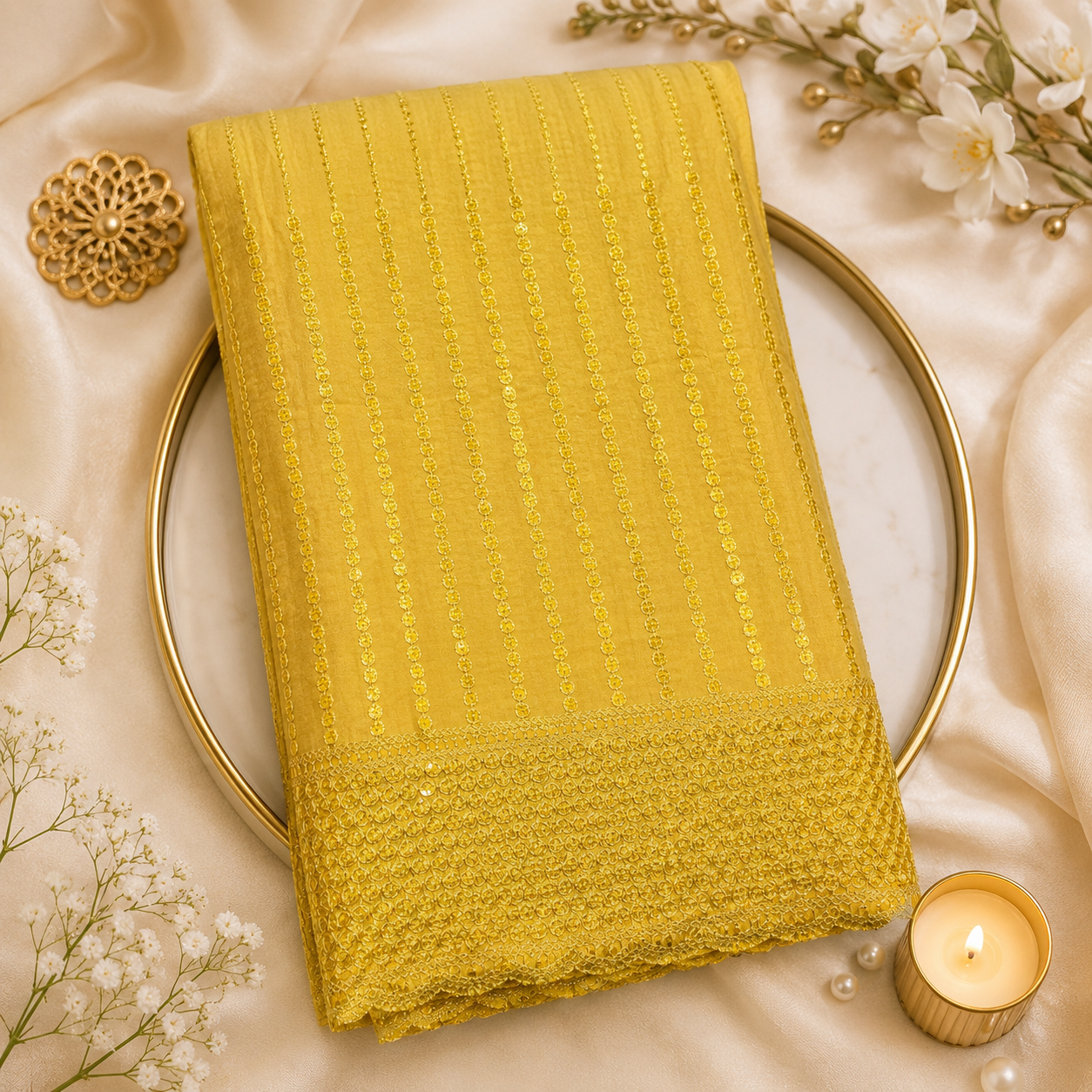 Buy Yellow Rayon Sequence Embroidery Fabric