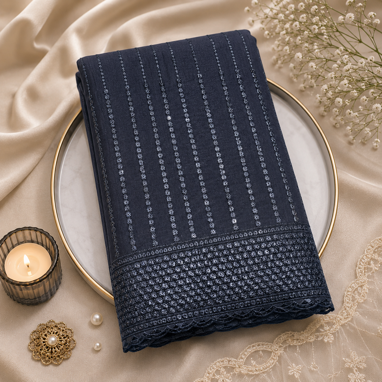 Buy Black Rayon Sequence Embroidery Fabric