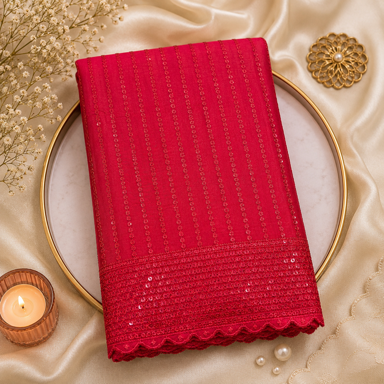 Buy Red Rayon Sequence Embroidery Fabric