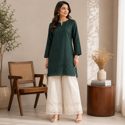 Buy Combo Bottle Green & Off White Color Apliq Plazo Chikankari Fabric