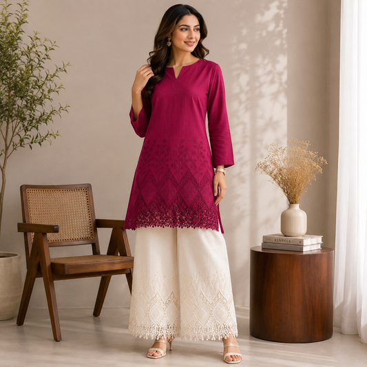 Buy Combo Mehroon & Off White Color Apliq Plazo Chikankari Fabric