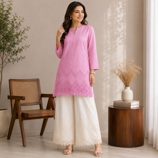 Buy Combo Pink & Off White Color Apliq Plazo Chikankari Fabric