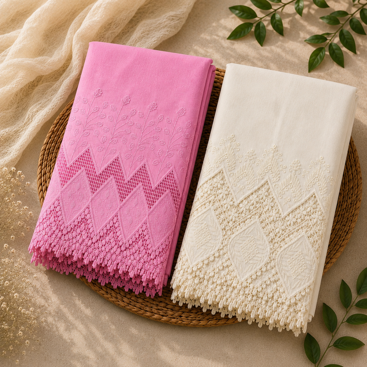 Buy Combo Pink & Off White Color Apliq Plazo Chikankari Fabric