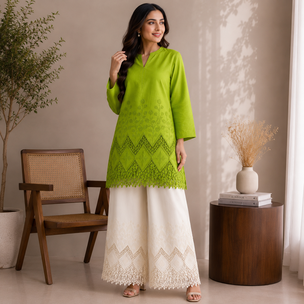 Buy Combo Pista Green & Off White Color Apliq Plazo Chikankari Fabric