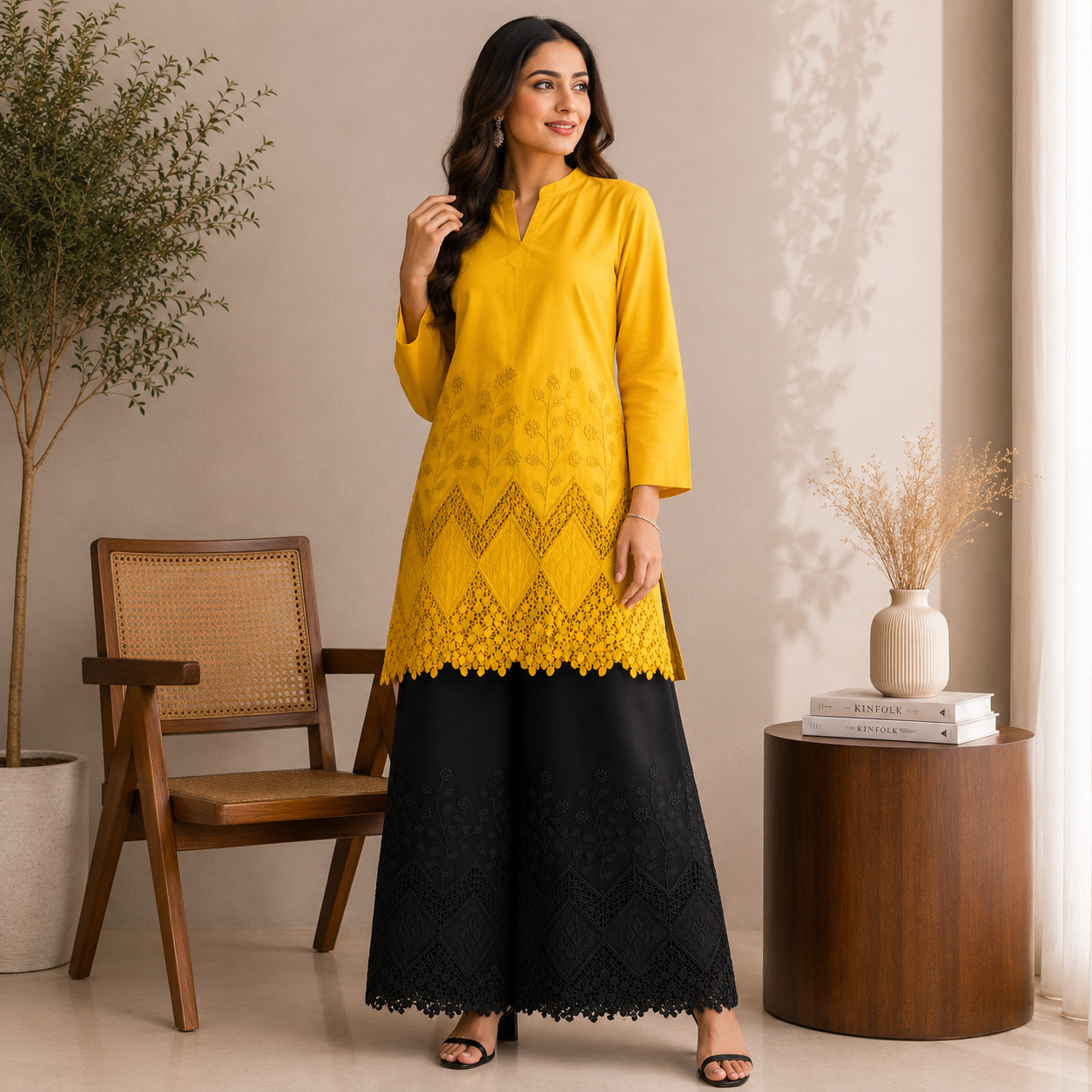 Buy Combo Yellow & Black Color Apliq Plazo Chikankari Fabric